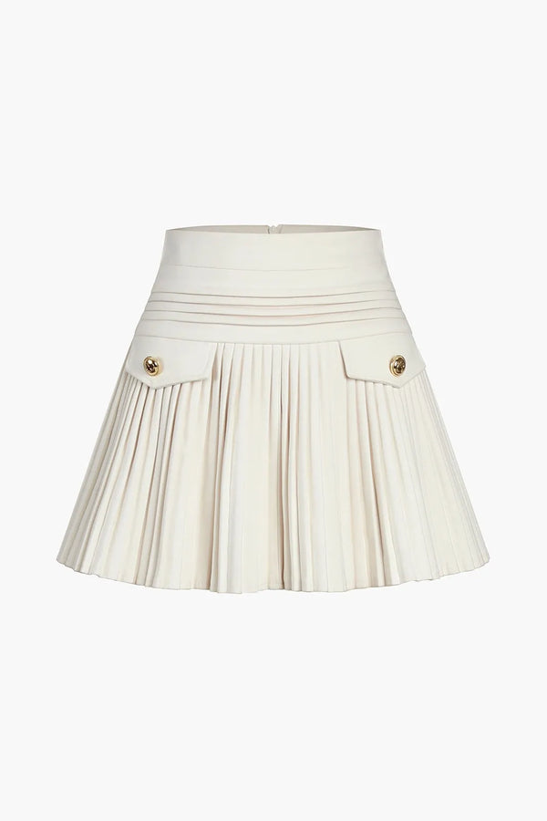 Zahara Beige and Golden Button Pleated Mini Skirt